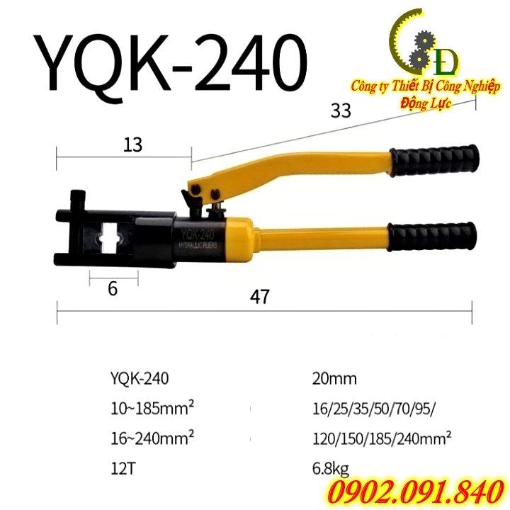 kìm ép cos thủy lực YQK-240 hay còn gọi là kềm bấm cosse thủy lực hoặc kiềm bóp cốt là dụng cụ chuyên dụng trong thi công điện công nghiệp chuyên để ép các loại đầu cos dây điện có kích thước lớn do công ty Động Lực phân phối báo giá tốt nhất