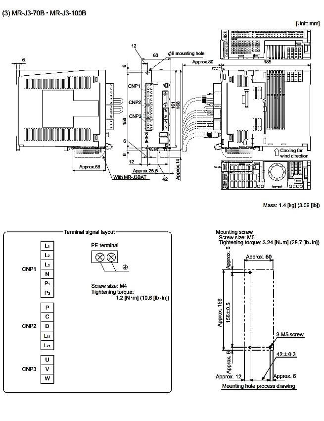 MR-J3-100B Bộ điều khiển động cơ AC servo driver amplifier Mitsubishi bản vẽ kích thước