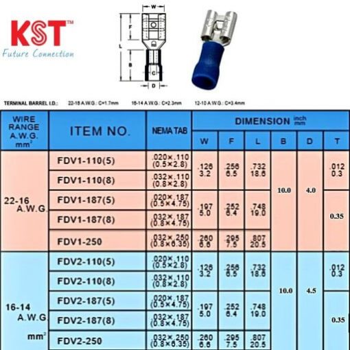 Đầu cos ghim dẹp đực cái capa KST thông số kỹ thuật đầu cái FDV