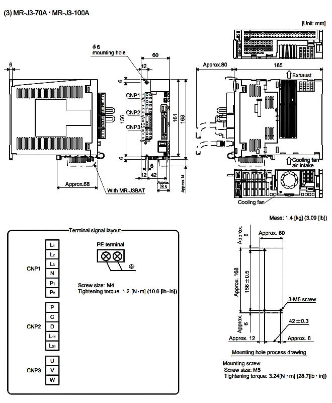 MR-j3-100A Bộ điều khiển AC Servo Amplifier Mitsubishi outline drawings