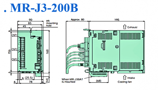 MR-J3-200B Bộ điều khiển servo amplifier Mitsubishi kích thước lắp đặt