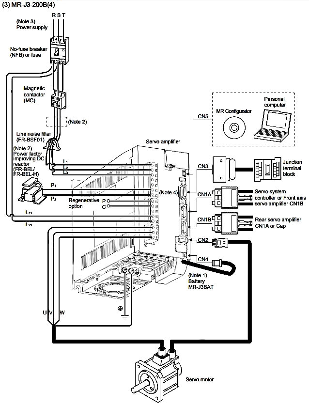 Bộ điều khiển servo amplifier Mitsubishi MR-J3-200B sơ đồ kết nối bao gồm thiết bị phụ kiện