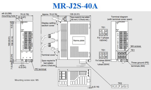MR-J2S-40A bộ điều khiển servo amplifier Mitsubishi kích thước
