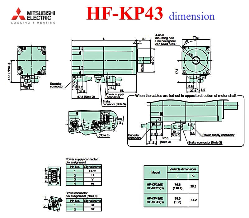 Servo Motor Mitsubishi HF-KP43B thông số kích thước