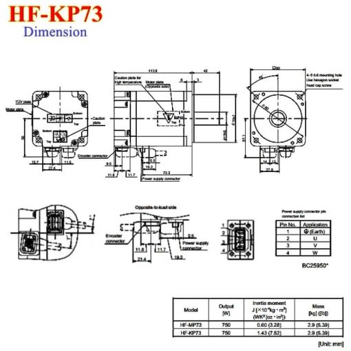 HF-KP73 Servo Motor Mitsubishi 0.75kW 200V dimension