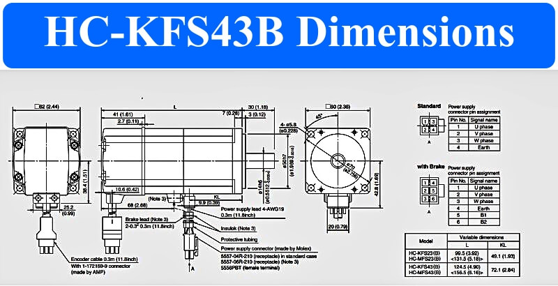 AC Servo Motor Mitsubishi HC-KFS43B dimensions