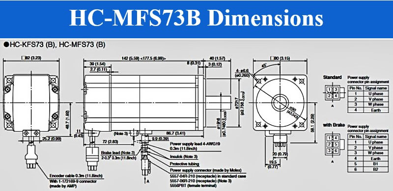 Servo Motor Mitsubishi HC-MFS73B Dimensions