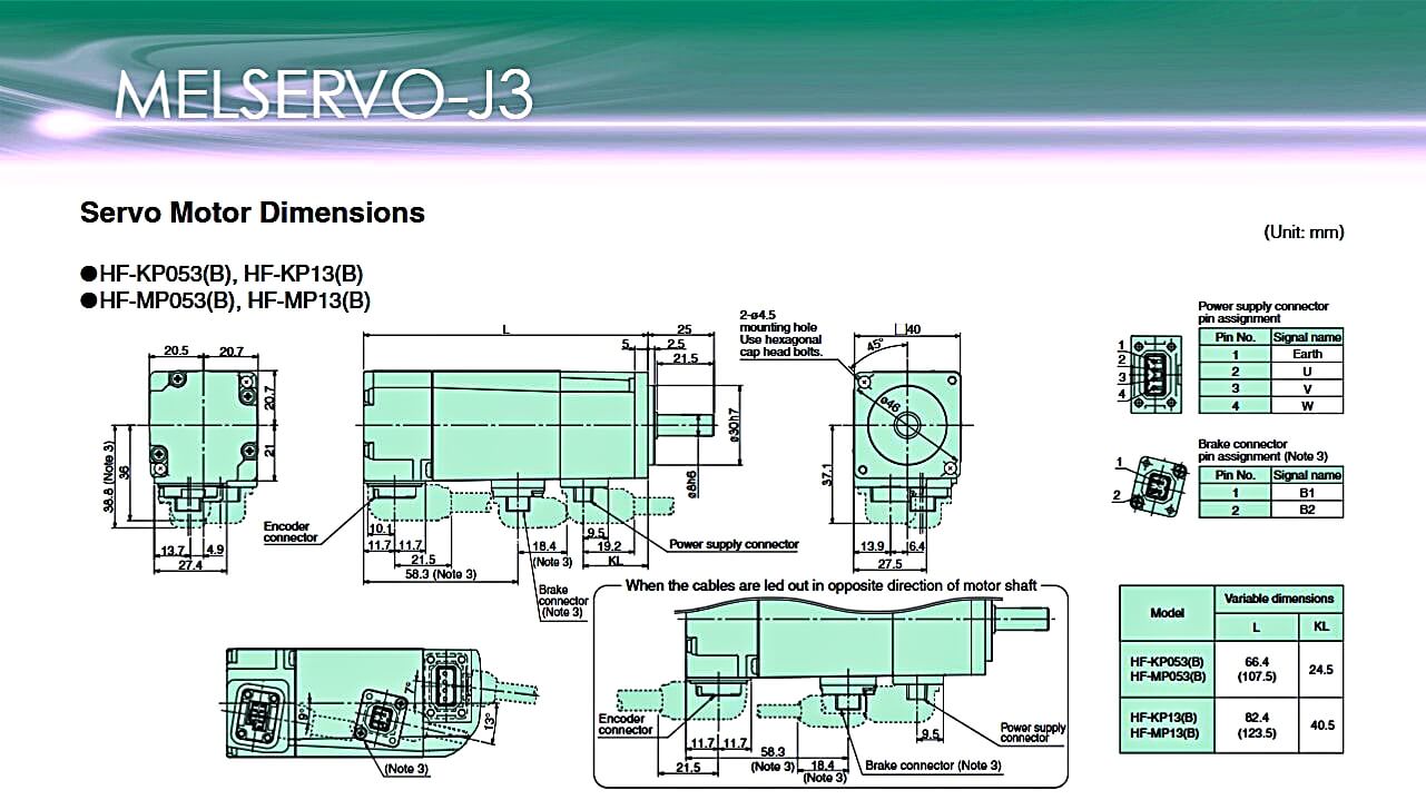 Động cơ AC Servo Motor Mitsubishi HF-MP053 Dimensions