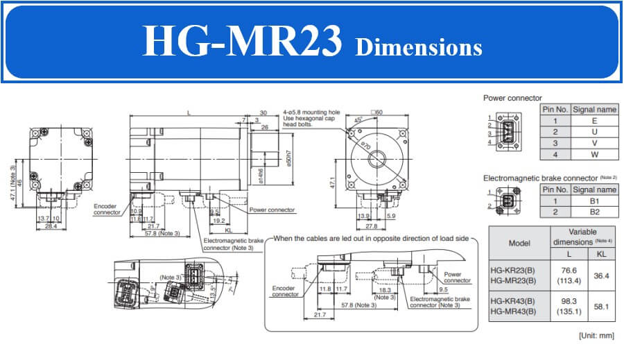 Động cơ Servo Mitsubishi HG-MR23 Dimensions