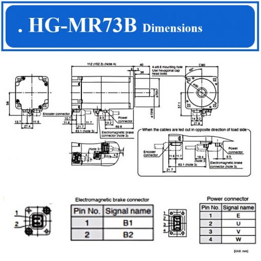 Servo Motor Mitsubishi HG-MR73B 0.75kW dimensions