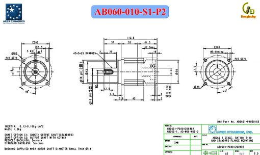Bản vẽ kích thước hộp số giảm tốc Apex Dynamics AB060-010-S1-P2 cho motor HG-KR43