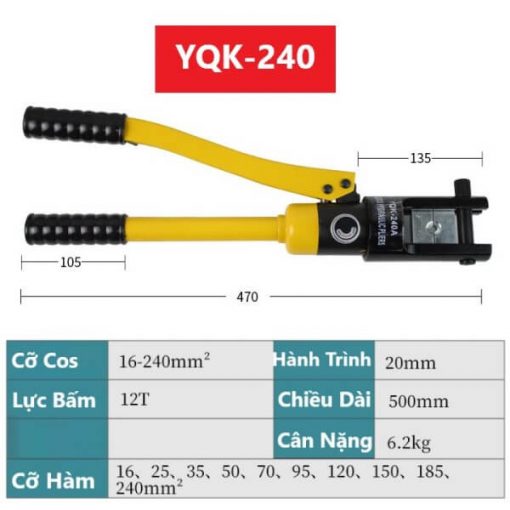 kìm bấm cốt thuỷ lực YQK240 chuyên dùng bấm các loại đầu cos dây điện cứng tiết diện từ 25mm2